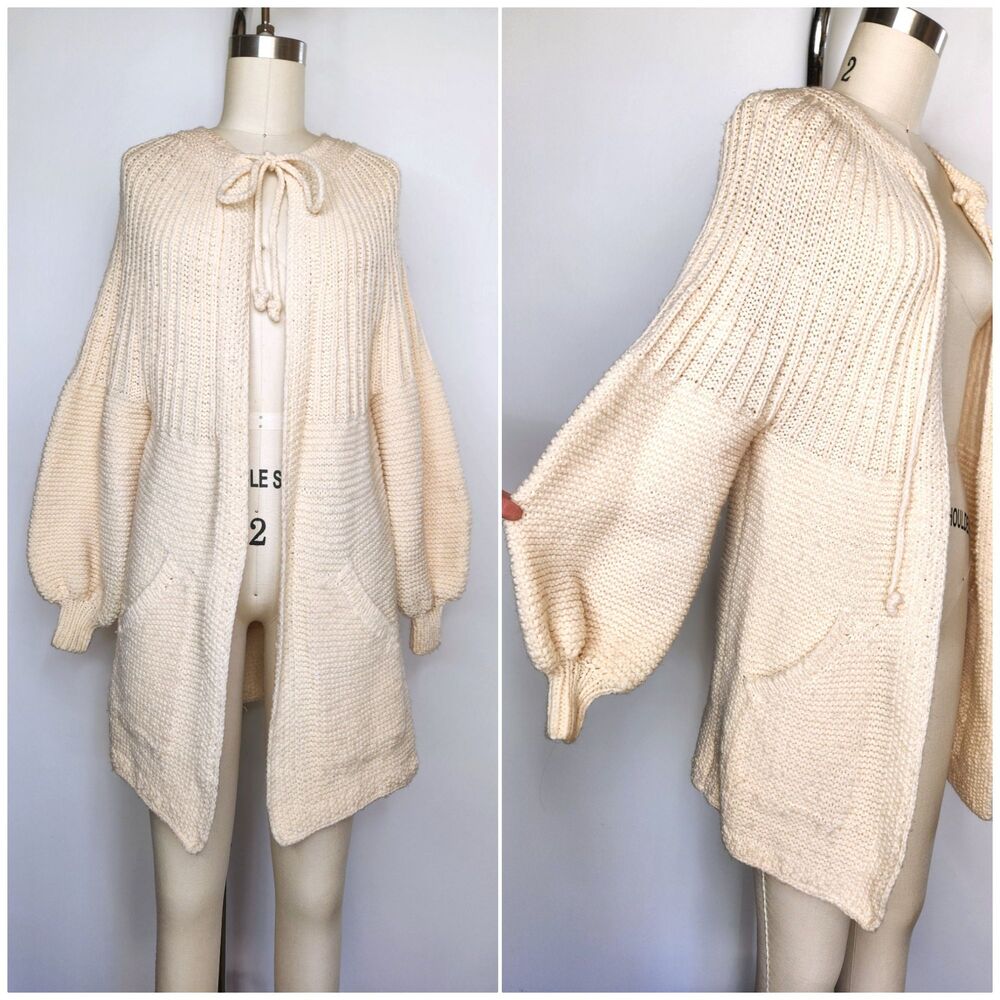 Chunky Knitted Wool Blend Cardigan Sweater Pockets Big Poet Balloon Sleeves XXS